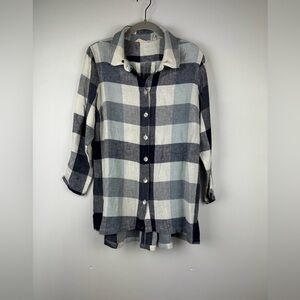 Soft Surroundings Carreaux Blue Plaid Linen Blend Button Down Zip Back Top, Sz M